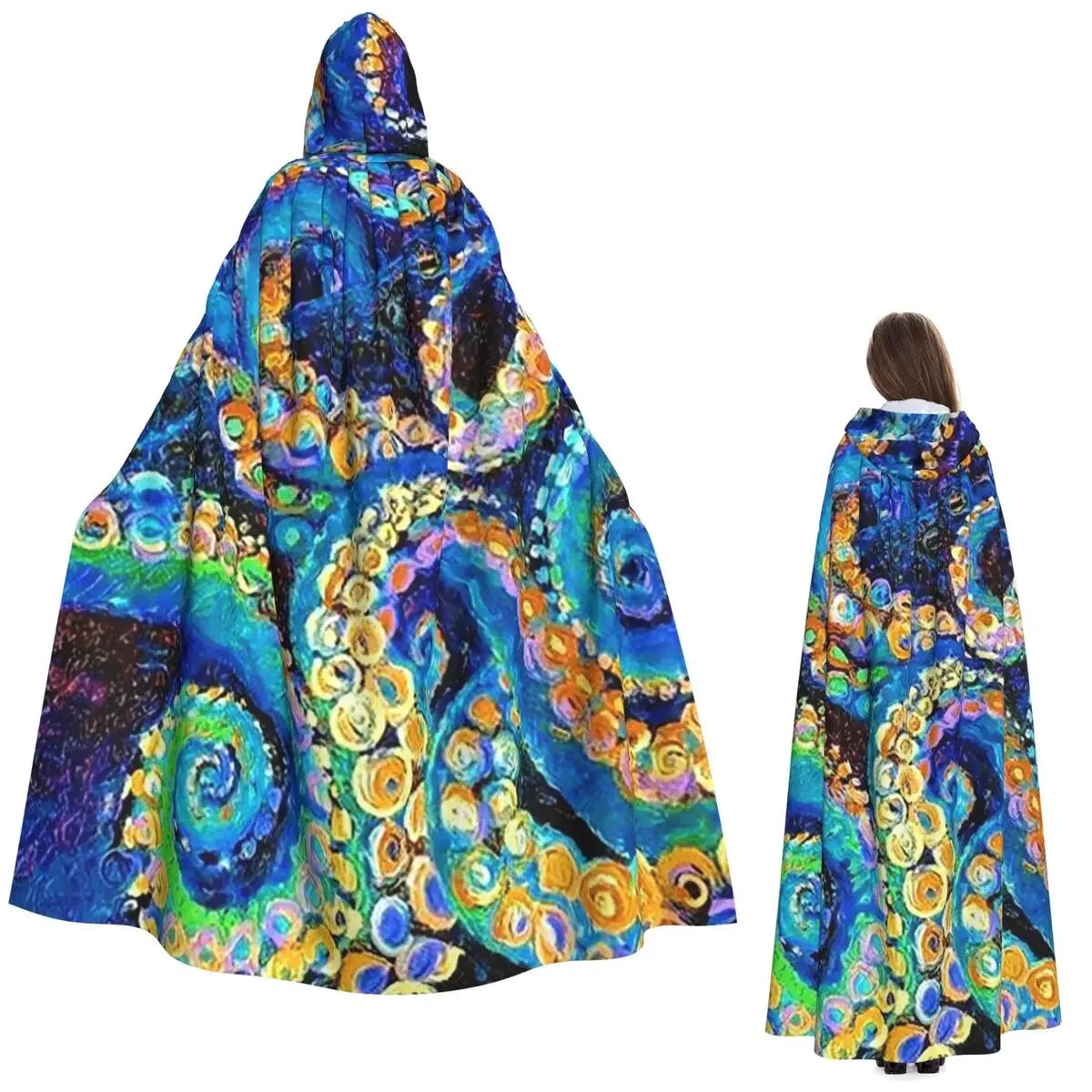 Custom Blue And White Octopus Tentacles Frame Long Hooded Cloak Witch Medieval Costume Cape HalloweenVampire Adult Unisex