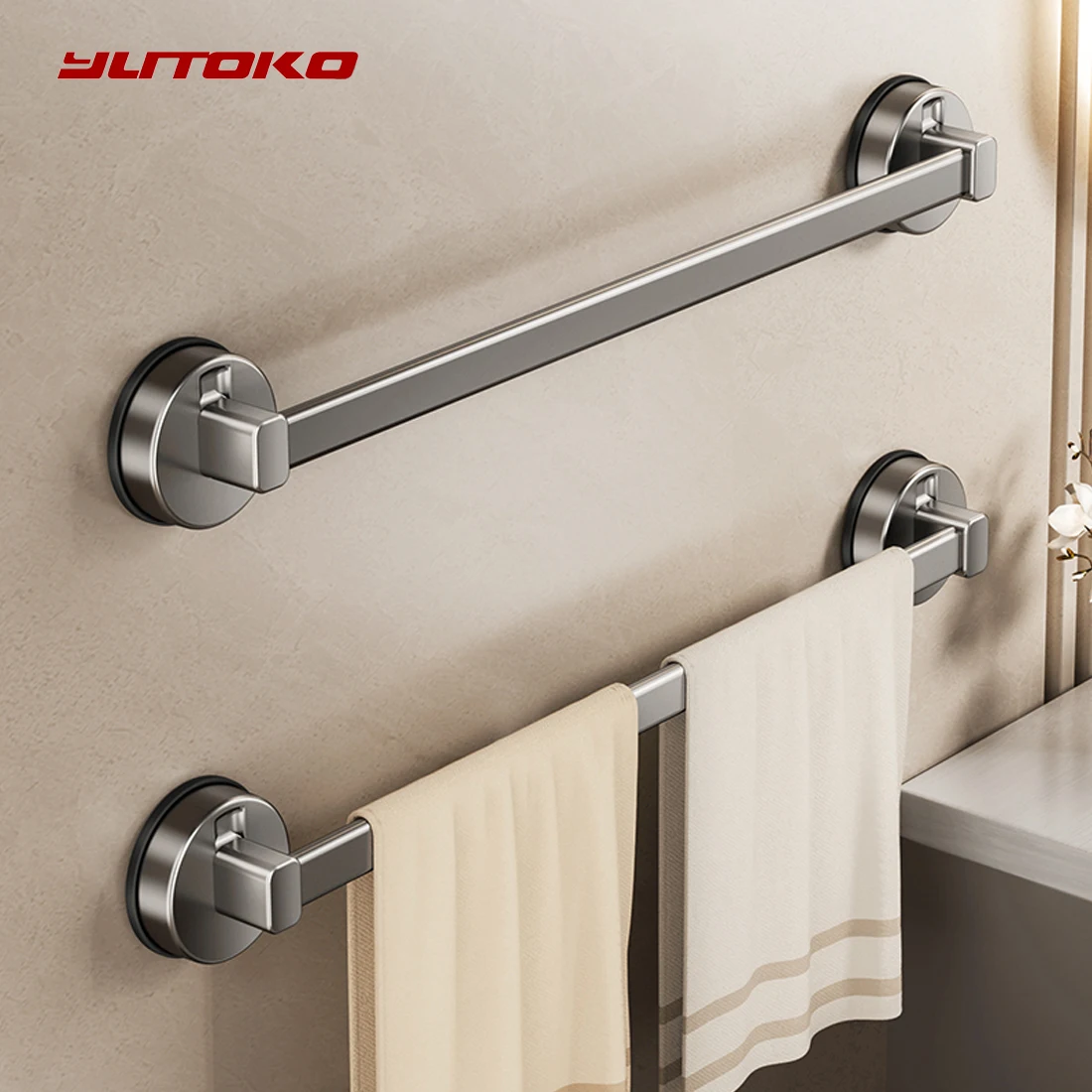 

YUTOKO Bathroom Suction Cup Towel Rack Non-perforated Storage Rack Wall-mounted Single-rod Bath Towel Storage Rack