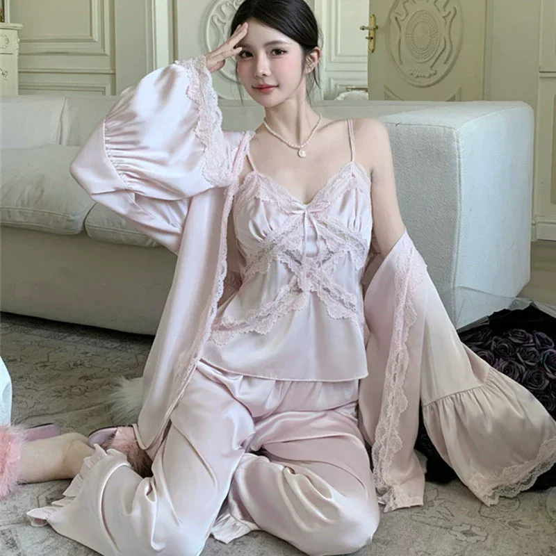 

New Satin Pajamas Set Womens Sleepwear Sexy Sling with Chest Pads Three Piece Pyjamas Suit Loungewear Nightgown Home Clothes
