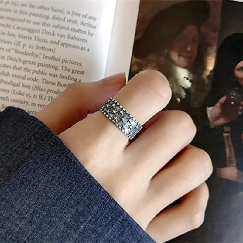 Foxanry Silver Color Star Pattern Cuff Rings For Women Couples Fashion Vintage Minimalist Hip Hop Handmade Party Jewelry Gifts