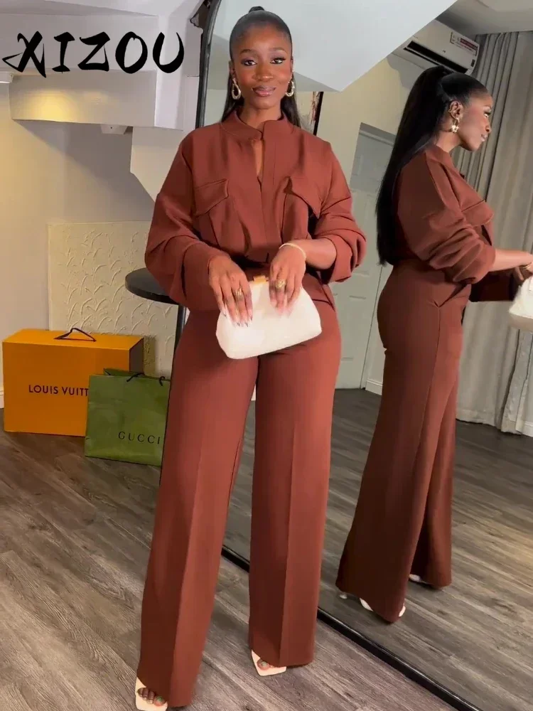 

XIZOU Two Piece Pant Sets Casual Outfits Women Long Sleeve Pockets Shirt Top + Wide Leg Pants Suit OL Office Lady Clothes 2024