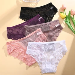 FINETOO 3PCS Women's Perspective Lace Panties Sexy Hollow Out Underwear Briefs Female Solid Color Lingerie Floral Intimates S-XL