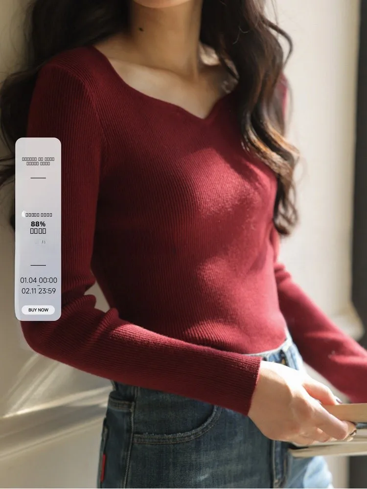 

Elastic Knitted Long Sve Heart Collar Base irt Women's Winter Slim Fit Inner Wear Casual Sle Regular Fit Base Tee