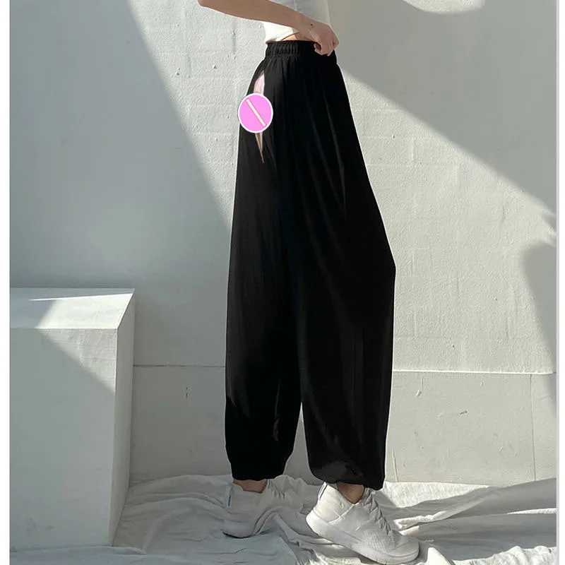 Summer Thin Yoga Trousers Invisible Open-Seat Pants Women's Outdoor Sex Jogger Wide-Leg Pants Casual High Waist Lantern Pants