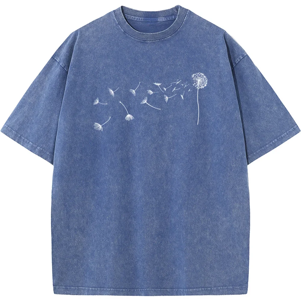 Funny Dandelion Unisex Washed T-Shirt Summer Loose Bleached Tshirt Cotton 230g O-Neck Casual Short Sleeve Bleach Tops Tee