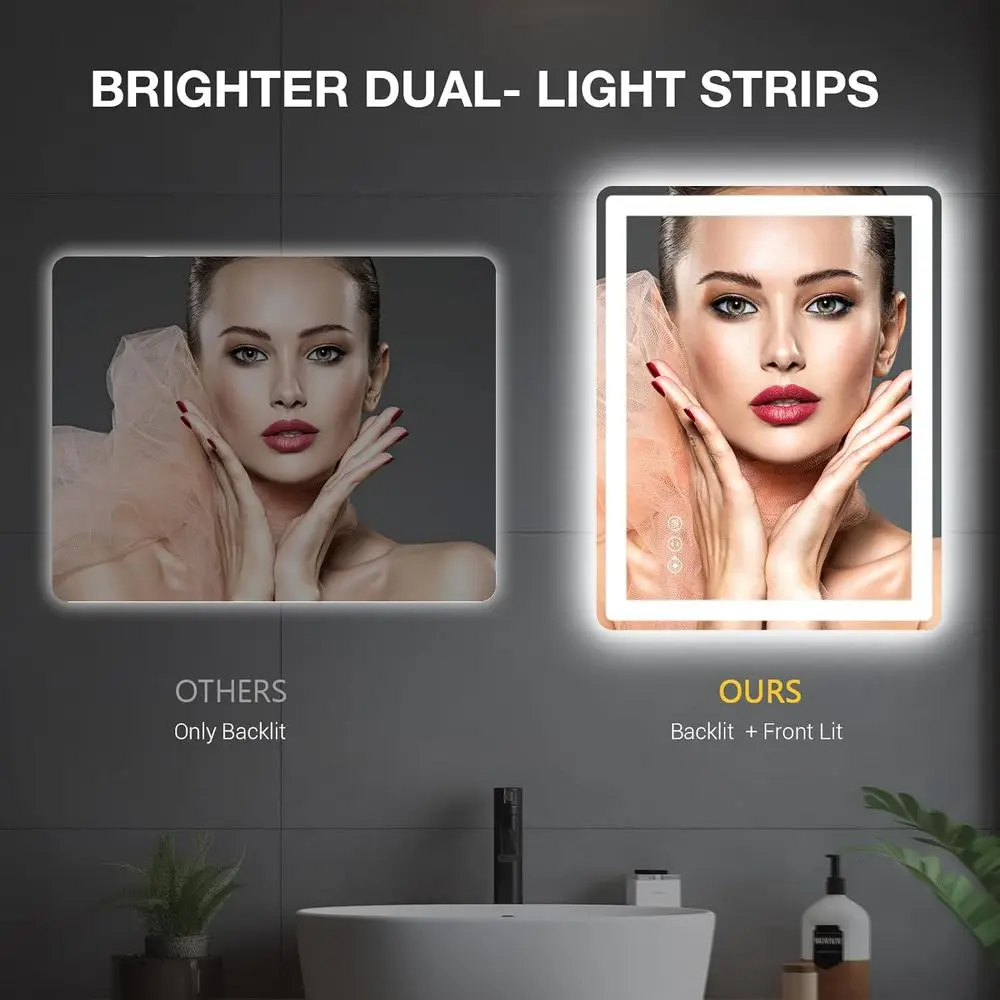 Miroir de salle de bain éclairé par LED 24x32 avec antibuée, lumière variable et verre trempé