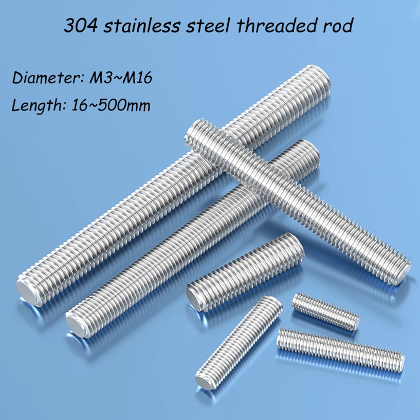 304 Stainless Steel Threaded Rod, Metric Full Thread Stud Bolt M3~M16