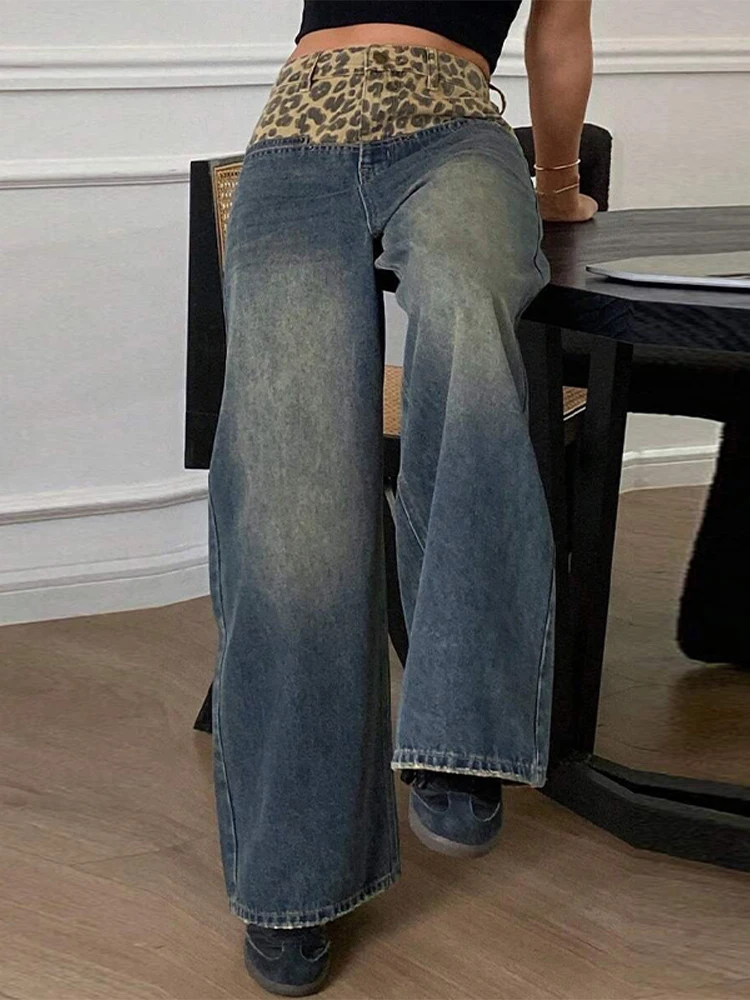 

Vintage Women Leopard Patchwork Denim Pants Baggy Dragging Wide Leg Trousers High Street Fashion Chic Daily Wear Summer Pants