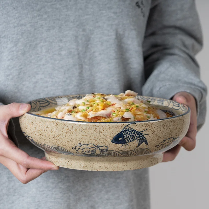 Japanese Style 9Inch Retro Ceramic Soup Bowl Household Ramen Noodle Bowls Commercial Pickled Cabbage Fish Large Bowl