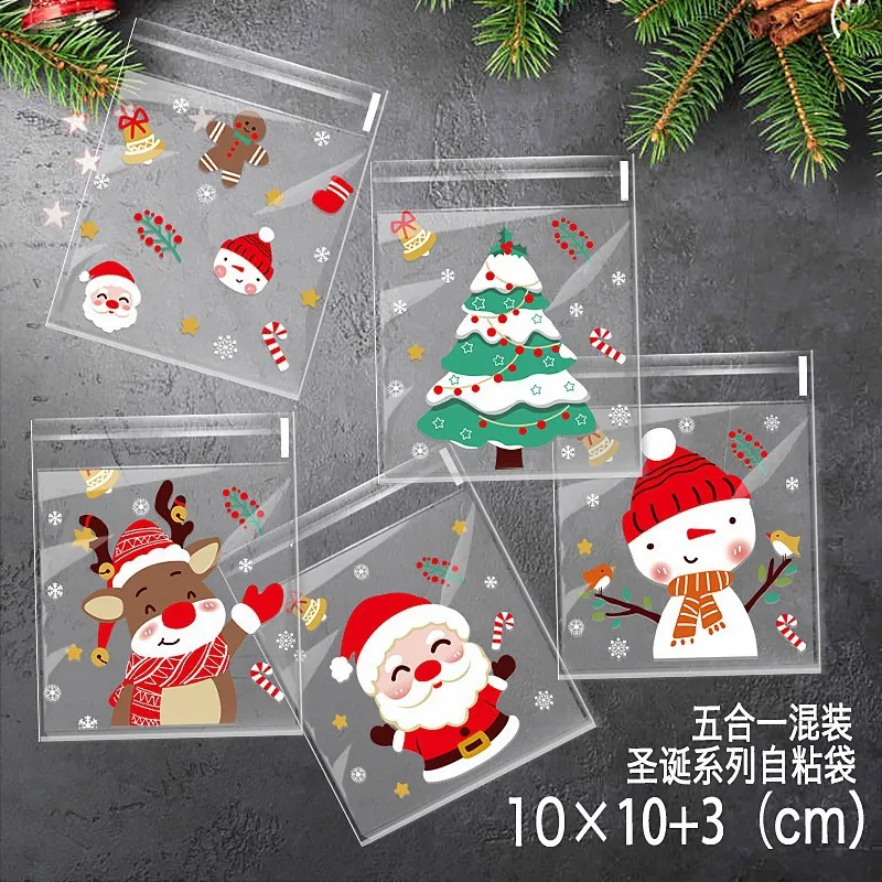 100pcs 10x10cm Santa Claus Tree Self-adhesive Christmas Gift Bags Cartoon Plastic Candy Bag Christmas Cookie Packaging Xmas Deco