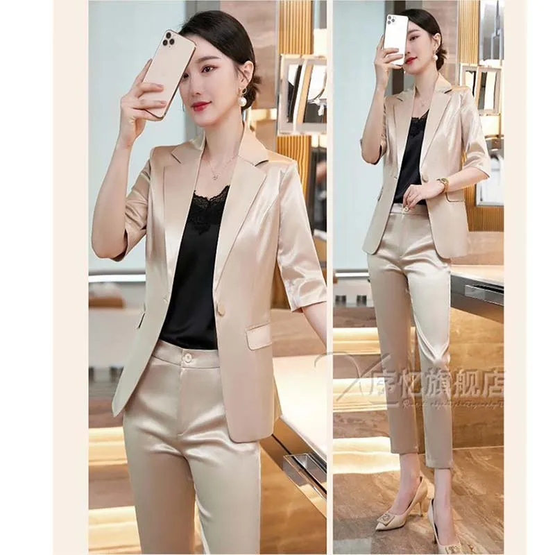 Suit Sets Women Temperament Spring Autumn Thin Section Acetate Satin Business Wear Office Lady High-End elegant Pink Suit Women