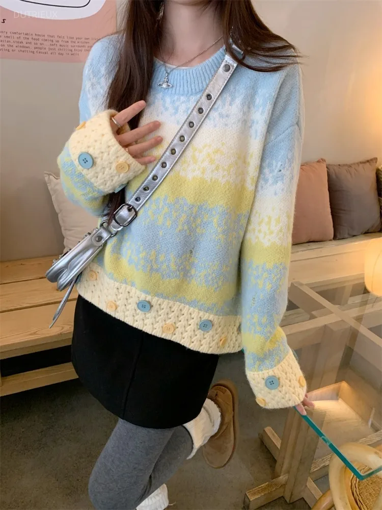 Autumn Korean Casual O Neck Long Sleeve Buttons Loose Gradient Color Knitted Pullovers