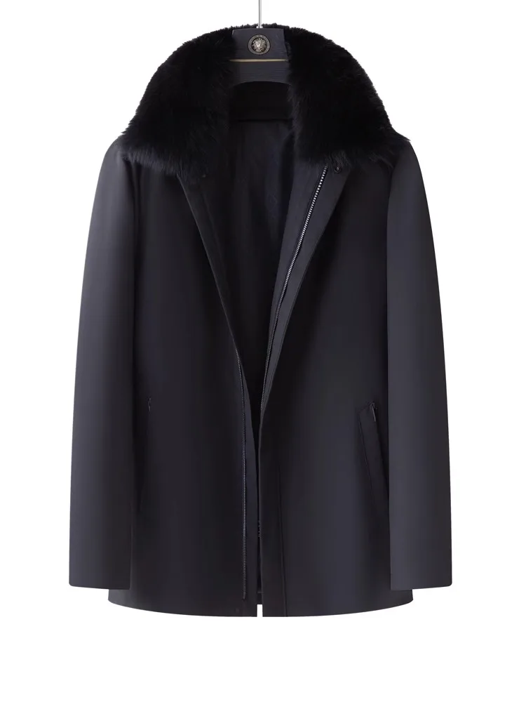 Winter Mens Business Work Real Rabbit Fur Lining Jacket Male New Loose Fit Fox Fur Collar Warm Parkas Casual Outerwear Overcoat