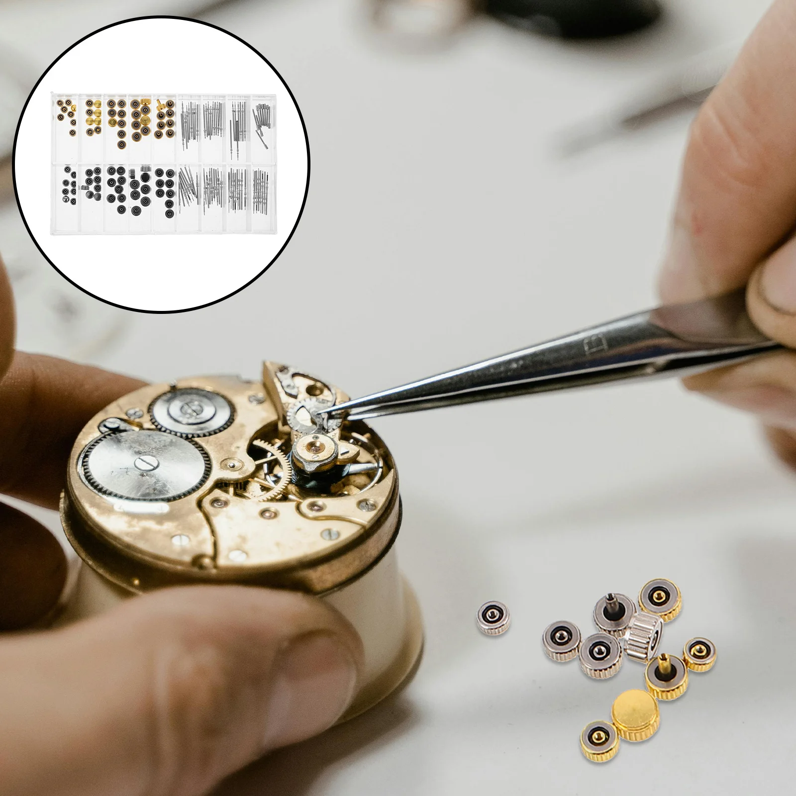

1 Box Watch Crown Accessory Set Gold Silver Precision Repair Kit Portable Storage Box Spring Bar Stem Replacement Watch Repair