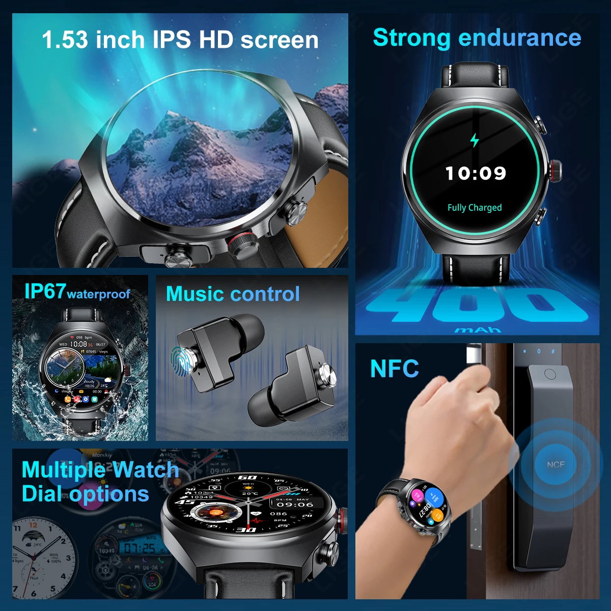 New Music Player Smart Watch Headset Smartwatch Men NFC Bluetooth Call Health Monitor TWS Earphones Sport Smartwatch Android ios