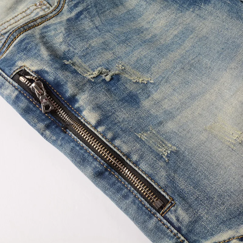 Distressed Motorbike Blue Color With Leather Ribs Patchwork Zippers Skinny Ripped Jeans Pants Men