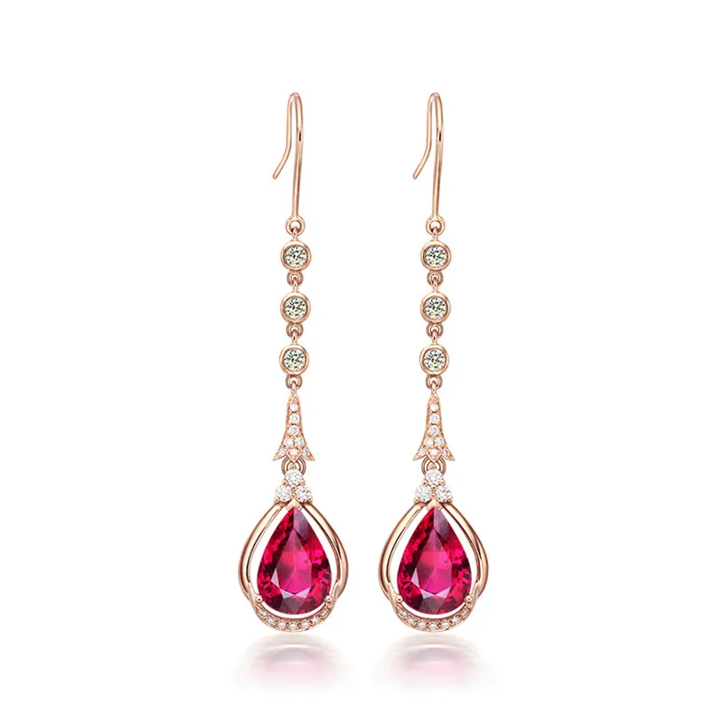 18K Rose Gold Natural Ruby Drop Earrings for Women Timeless Design Delicate Female Wedding Fine Jewelry Diamond Luxury Gift