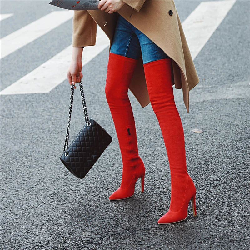 Fashion Thigh High Boots Women Soft Stretch Slim Long Over-the-Knee Boots High Heels Designer Point Toe Shoes Lady Large Size 48