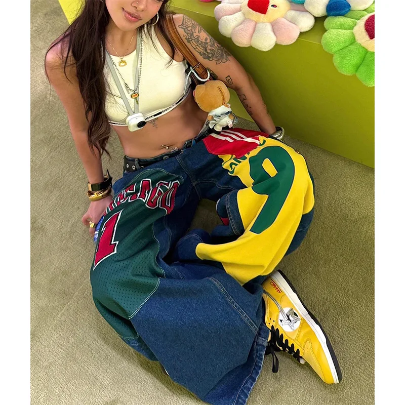 初秋の新しいスタイルの韓国の主流ストリートダンスルーズワイドレッグジーンズ、レトロプリントカーブナイフレディースジーンズ