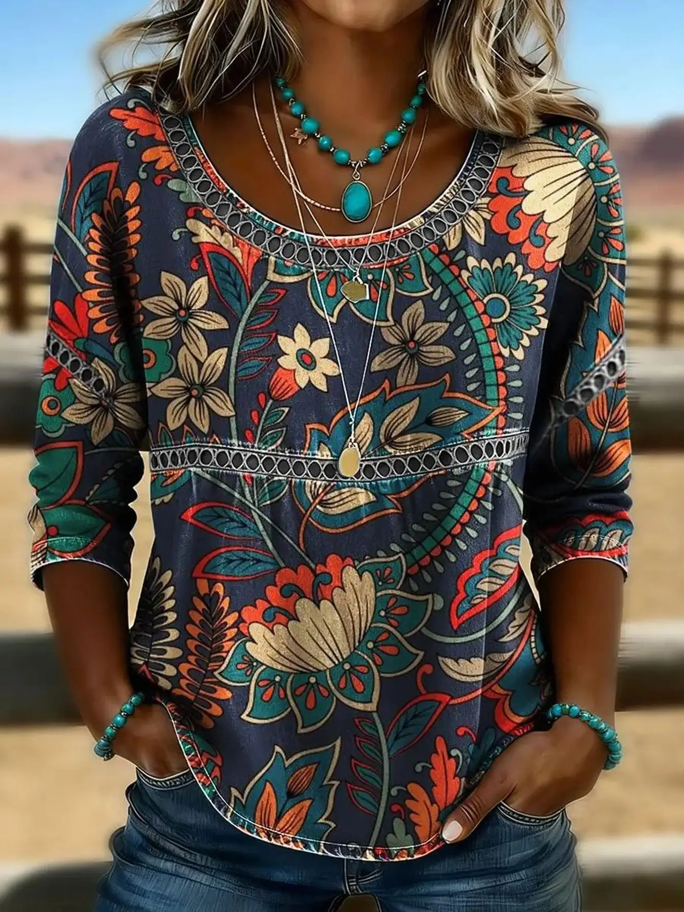 Women Plus Size Blouse 3D Floral Print Long Sleeve Loose Fit Boho Tunic Top