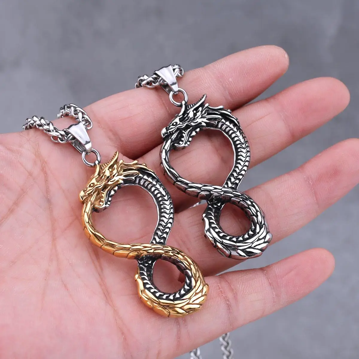 Stainless Steel Viking Dragon Necklace Men Vintage Self Devourer Ouroboros Hip Hop Biker Pendant Necklace Jewelry Gift