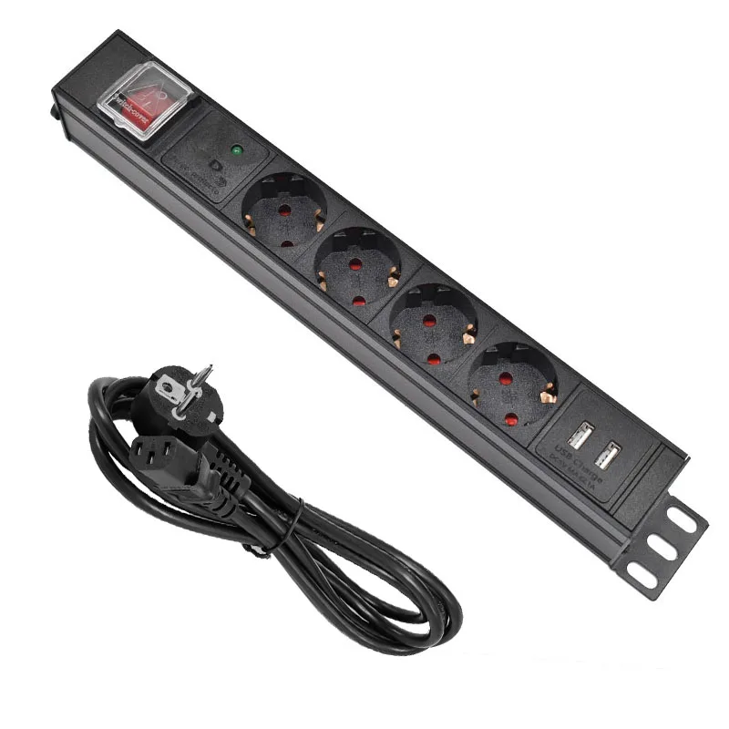 

Aluminum alloy 4 Ways PDU Power Strip EU Power Strip Socket with IEC-C14 Port Outlet extend with 2 USB Lightning protection