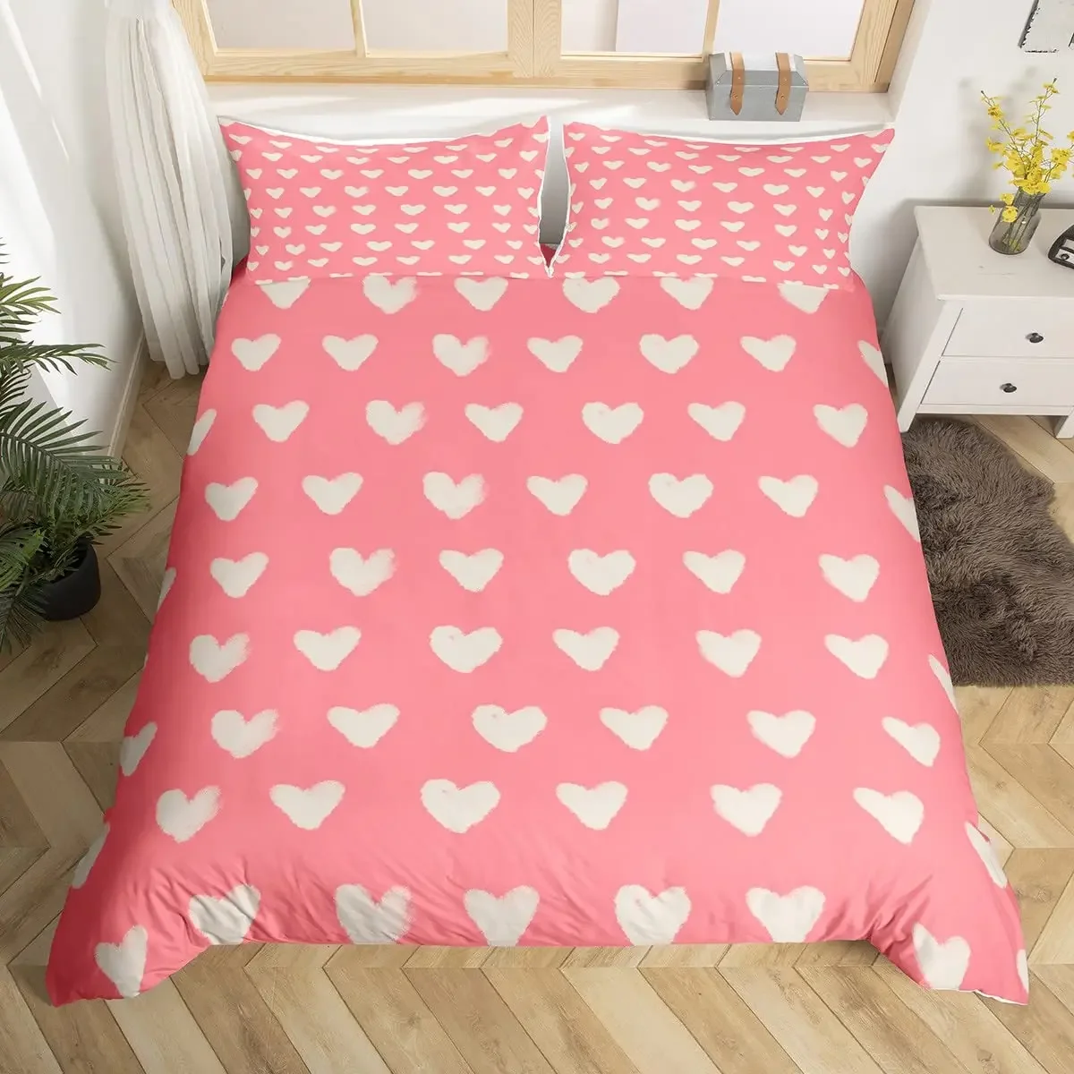 Love Heart Pattern Duvet Cover for Girls Women Pink Romantic Theme Bedding Set Room Decor,Valentine's Day Soft Comforter Cover