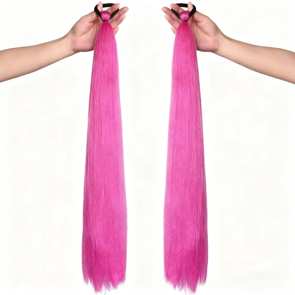 وصلة ذيل حصان صناعية مضفرة ذاتية الصنع مع شريط مطاطي مرن وردي أرجواني أزرق طويل مستقيم ذيل حصان للنساء والفتيات