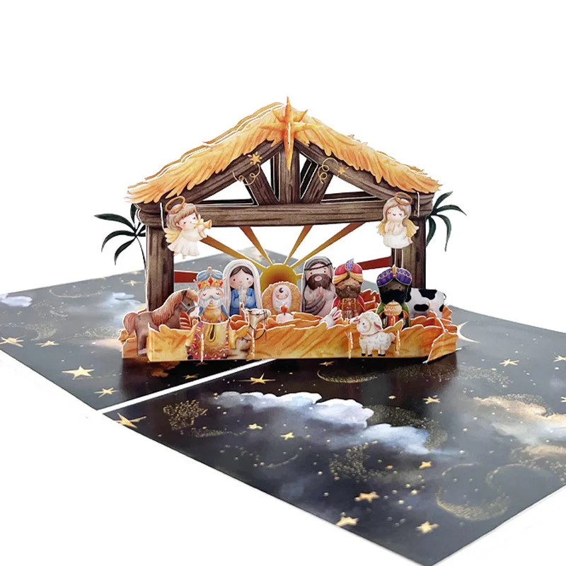 Cross-Border Christmas3DStereoscopic Greeting Cards Colorful Exquisite Jesus Message Blessing Card Paper Carving Festival Cultur