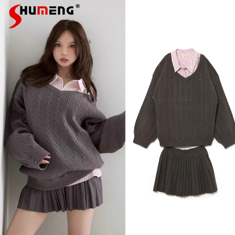 

2025 Autumn Winter New Japanese Sweet V-Neck Cable Knit Sweater Long Sleeved Shirt Pleated Short Skirt Three-Piece Set Outfits