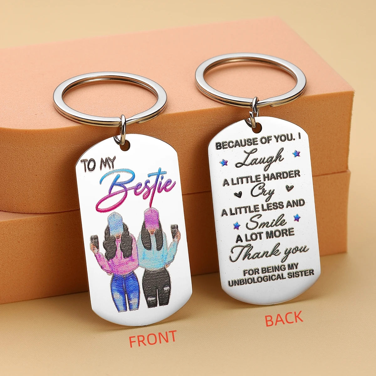 Porte-clés double face en acier inoxydable, impression couleur, cadeau pour meilleur ami, cadeau d'amitié Bestie BFF pour amis, 1 pièce