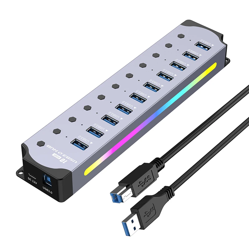 

10 Port USB Expansion Dock Designed with Individual Switches for Energy Efficiency and Attractive For RGB Mark Cooling Feature