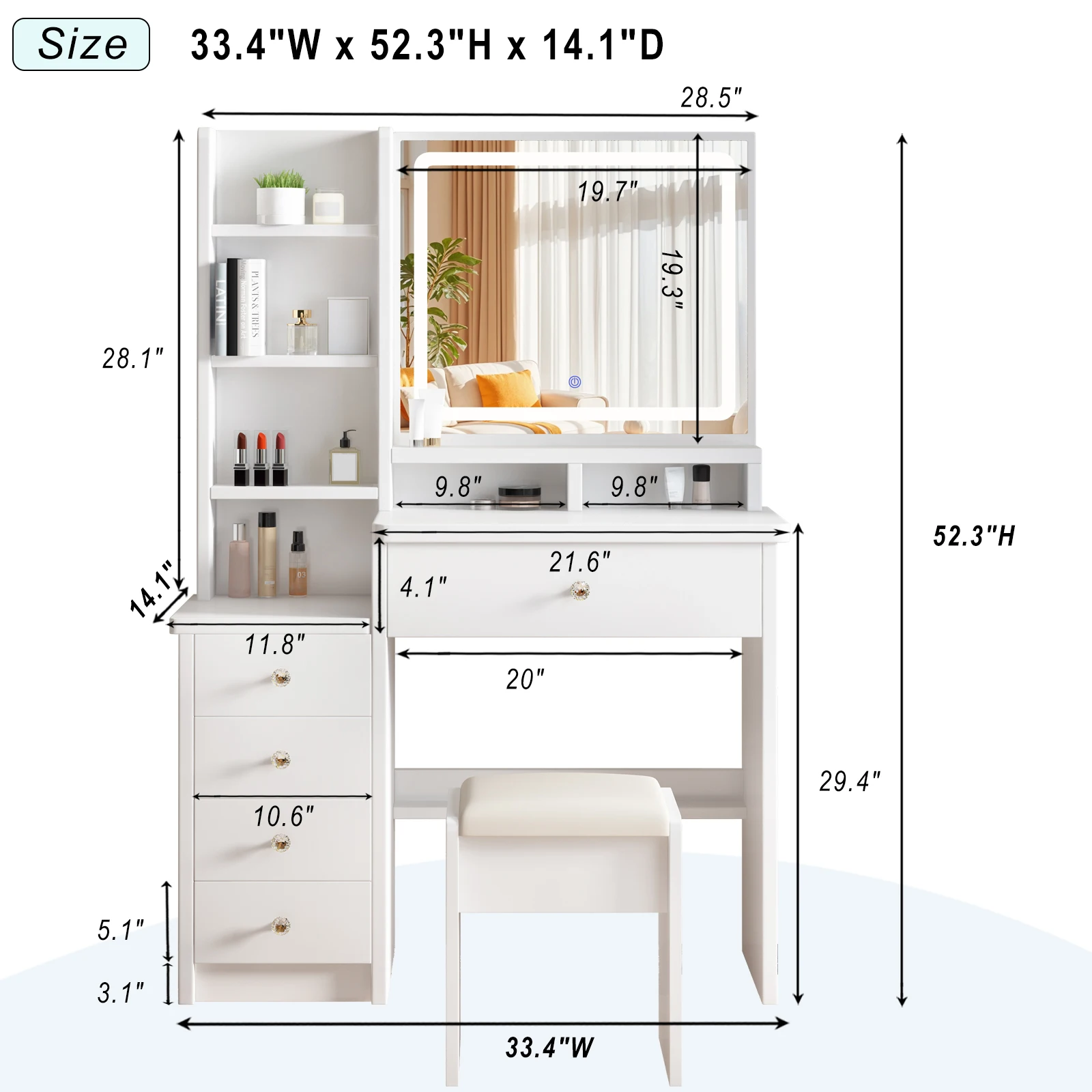 Vanity Desk Makeup Vanity Desk with Mirror and Lights, Makeup Vanity Set with Drawers, Stool and Open Shelves, 3 Color Lighting Modes Brightness Adjustable Dressing Table for Bedroom