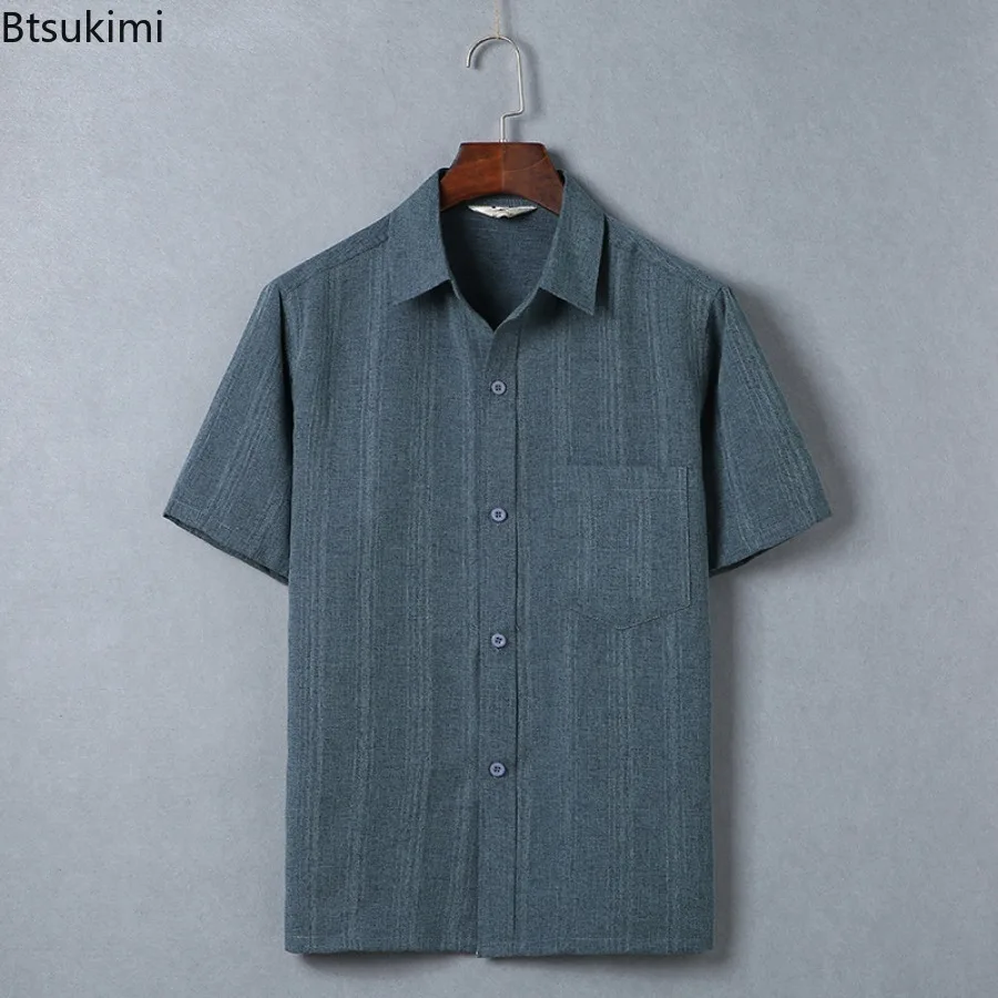 2024 Zomer Mannen Korte Mouwen Casual Shirts Comfortabele Single Breasted Revers Kantoor Werk Shirts Vintage All-Match blouse Mannelijke