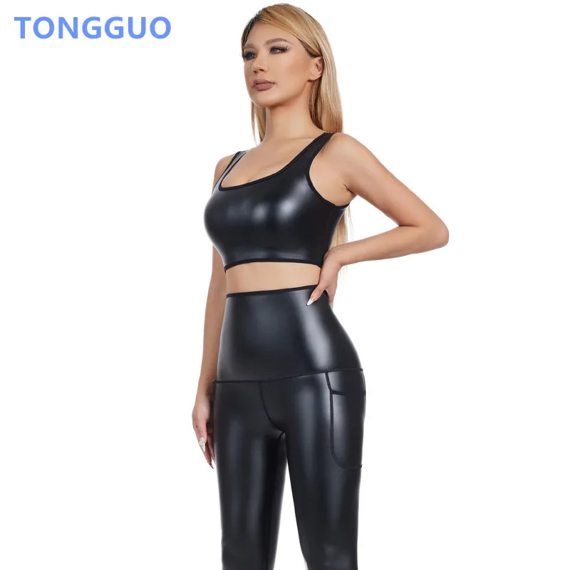 Legal menina falso couro sexy sutiã u pescoço sem mangas camisola colheita tanque superior cintura trainer corpo shaper camisa fina esportes shapewear