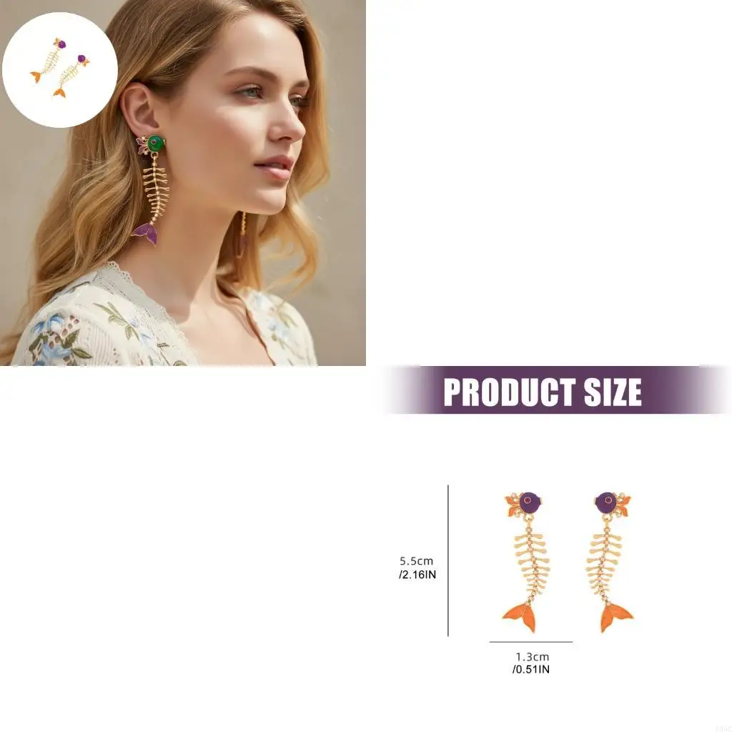 195C Stylish Asymmetrical Fishbones Earrings Featuring Colorful Enamel And Sturdy Stainless Steel Posts
