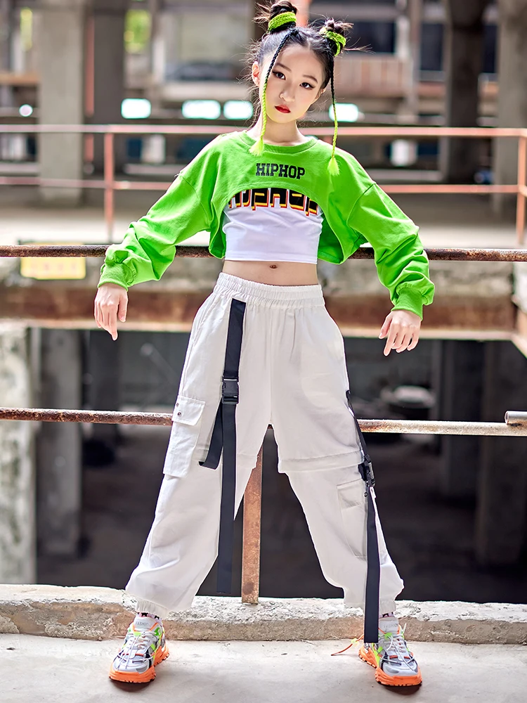 Disfraz de baile de Hip Hop para adolescentes, Tops cortos verdes, pantalones blancos, ropa de práctica de baile moderno, atuendo de actuación de concierto BL9077