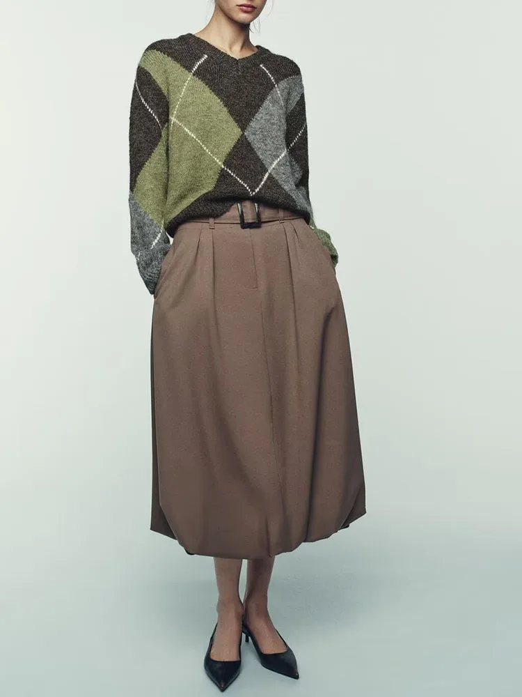 

Ele Sweet Knitted Sweater Diamond Pattern Long Sve V-Ne New Arrival Winter Faion for Women Comfortable Loose Fit