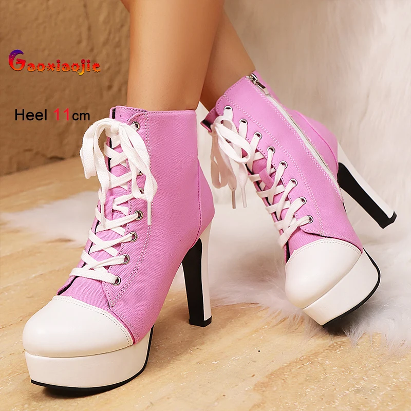 

Розовые женские ботинки на платформе, короткие ботильоны на шпильке 11 см, на шнуровке и молнии, для танцев на пилоне, весна-осень, Botas Mujer