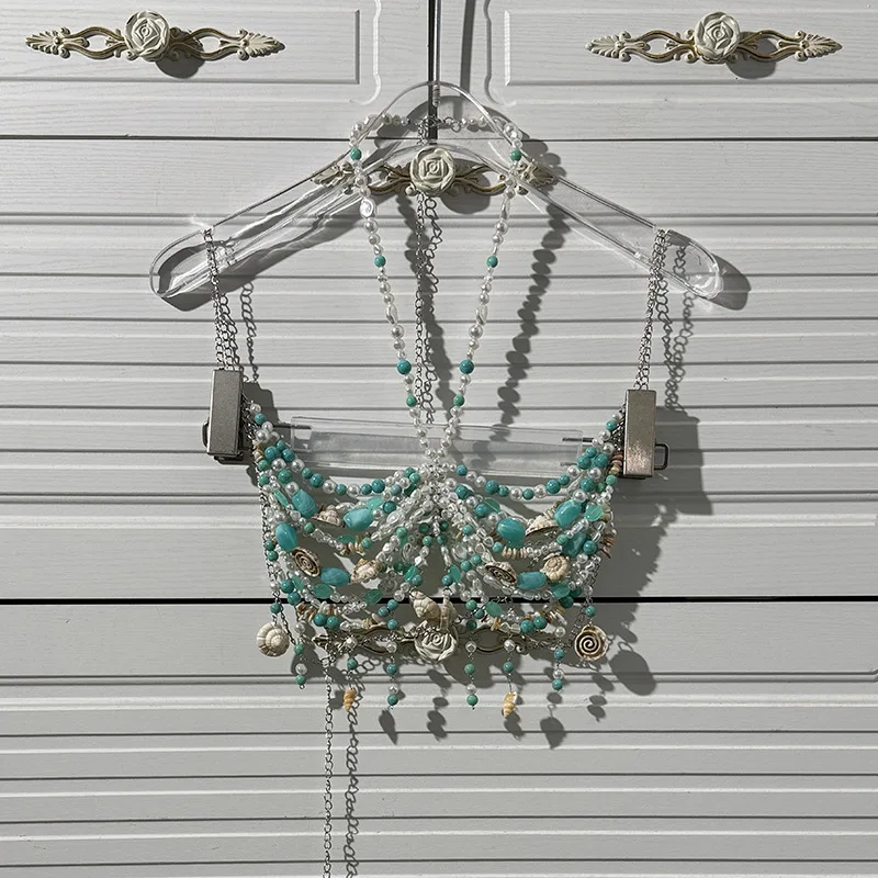 Beaded Neck Hanging Gemstone Top, Pearl Shell Backless Vest, Spicy Girl Sexy Strapless Music Festival Fashion Chest Accessory