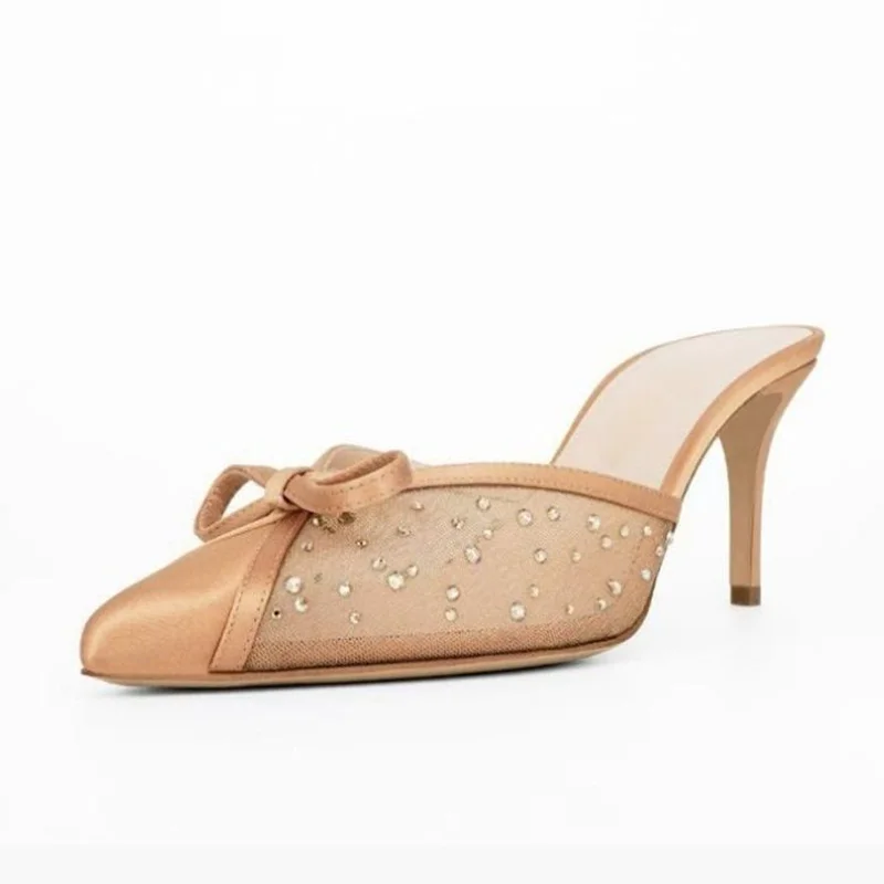 

Elegant Crystal Mesh Pointed Toe Women Mules Shoes Beige Silver Cover Heels Spring Autumn Summer Sandals