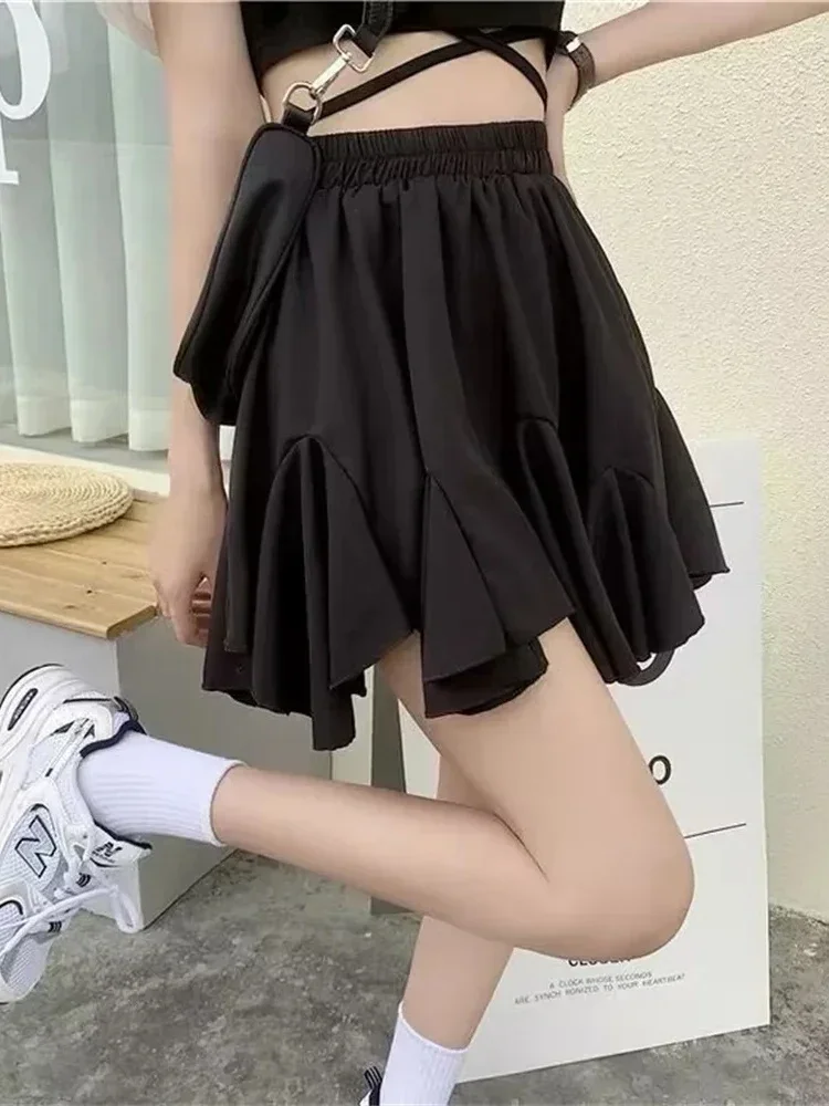 

Simple Elastic Waist Casual Korean A-Line Pleated Skirt Fashion Ruffled Edge Fluffy College Solid Color Women Skirt for Summer
