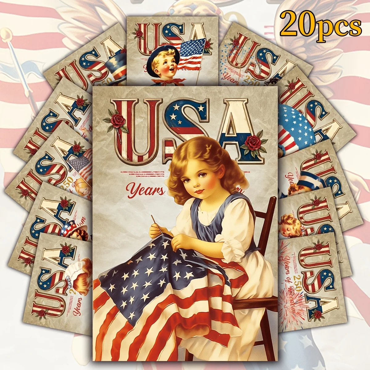 20pcs Retro American Independence Day Themed Postcard Set, Patriotic Art Greeting Cards with Classic Character Illustrations