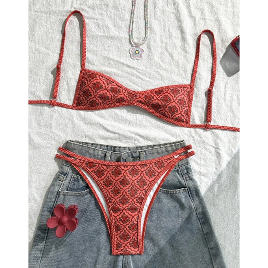 S - XL, mit Blumenmuster, hoch geschnittener Bikini, Damen-Badeanzug, zweiteiliges Bikini-Set, Badebekleidung, Badeanzug, Modell V6965. – Detail 17