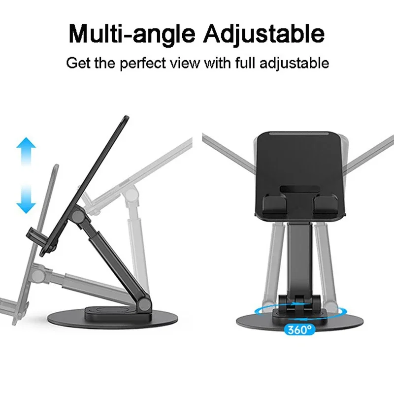 QNTAK 360°Rotatable Aluminium Desktop Phone Table Stand Holder Foldable Adjustable Metal Desktop Pad Universal