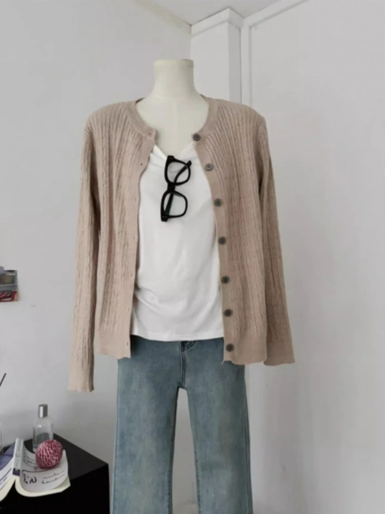 Women's Autumn Fried Dough Twists Knitting Cardigan Solid Color Simple Leisure White Korean Fashion Grey Thin Sweater