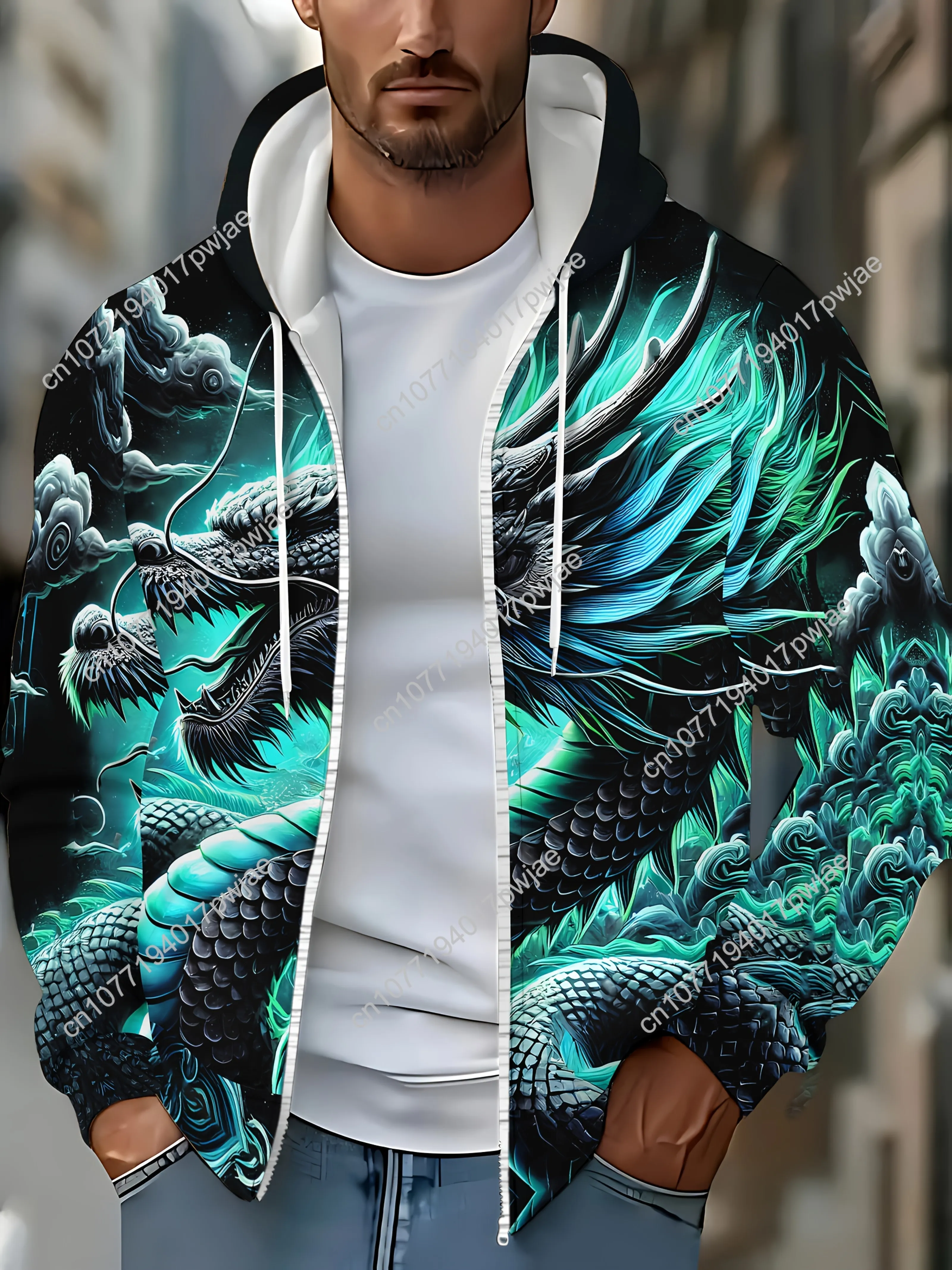 Мужская толстовка на молнии с длинными рукавами и рисунком синего дракона, осенне-зимняя повседневная уличная куртка с завязками и карманами,