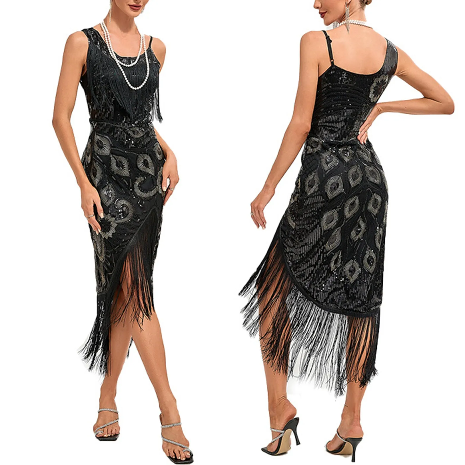 Frauen 1920er Jahre Flapper Kleid Vintage große Gatsby Charleston Party kleid O-Neck Cap Ärmel Pailletten Quaste Cocktail kleider 1920