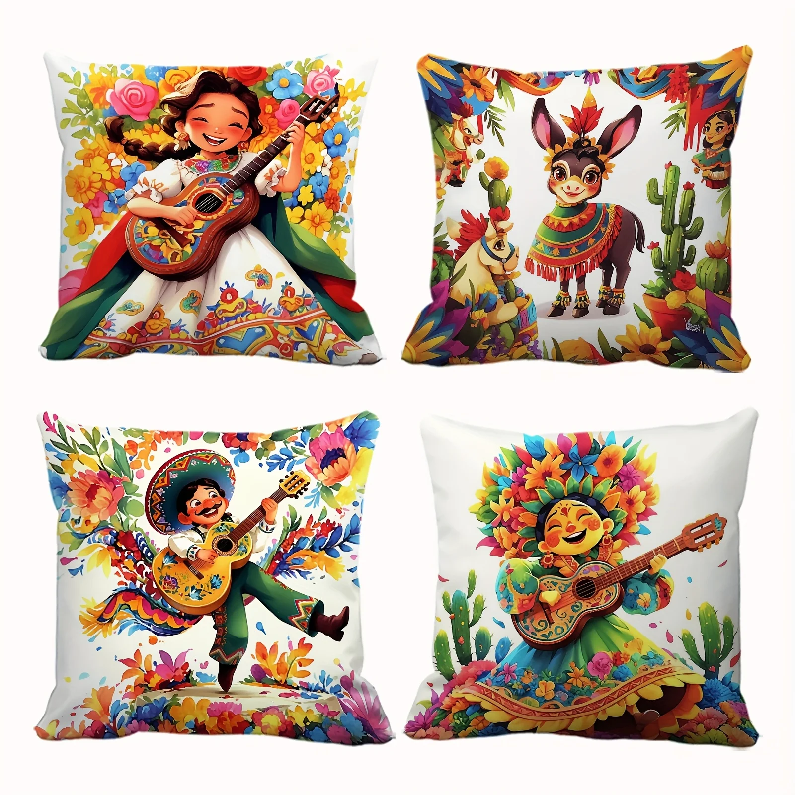 1PC 2D Flat Mexican Fiesta Themed Throw Pillow Covers Vibrant Floral Mariachi Folk Art Decorative Cushion Cases For Home Sofa