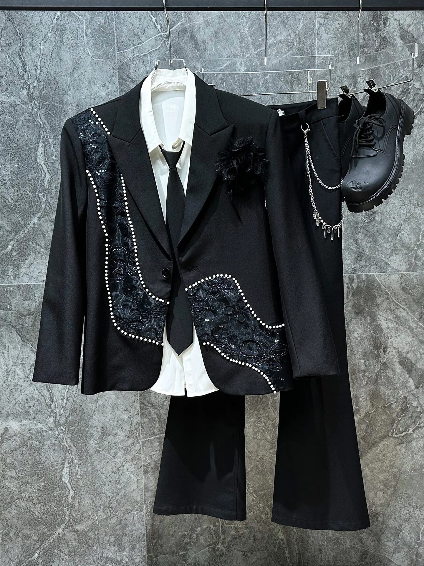 

Ele Pearl Embroidery Suit Jaet Korean Faion High-End Design Casual Long Sve irt for Men Spring Autumn Wear